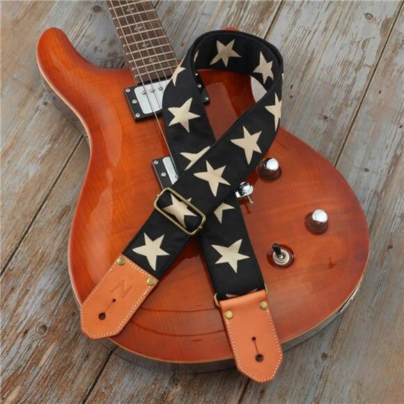 Woven Guitar Strap Cotton Adjustable Leather Ends Pick Pocket Star Pattern - Picture 6 of 7